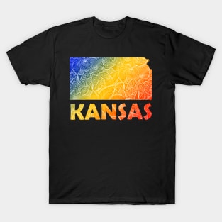 Colorful mandala art map of Kansas with text in blue, yellow, and red T-Shirt